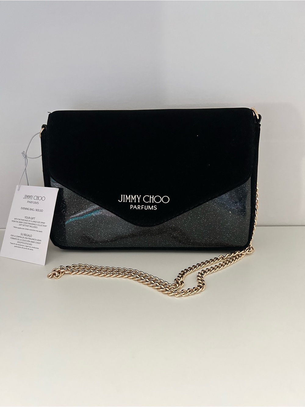 Jimmy Choo Black Velvet & Glitter Envelope Crossbody with Gold Chain